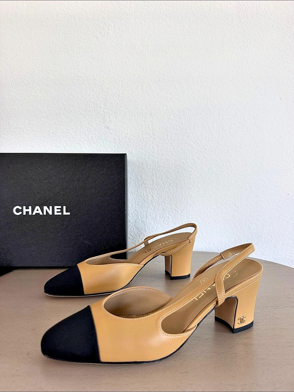 Chanel Slingbacks Goatskin & Grosgrain Beige & Black Block Heel EU 38C